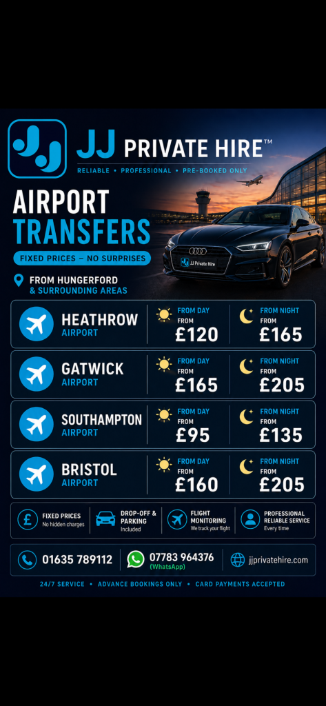 JJ Private Hire airport transfer prices from Hungerford Heathrow Gatwick Southampton Bristol day and night rates fixed price private hire service