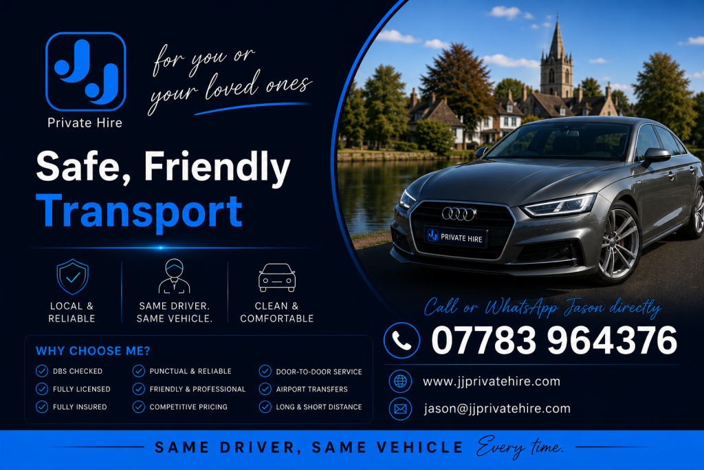 JJ Private Hire promotional banner showing a grey Audi executive car, premium dark blue branding, contact details, and key trust points including DBS checked, fully licensed, insured, same driver same vehicle, medical appointments, shopping trips and airport transfers.